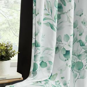 100% Blackout Curtains Green Floral Pattern Curtains 63 Inches Long for Bedroom Watercolor Leaf Print Thermal Insulated Drapes for Living Room Darkening Rod Pocket Window Curtains 2 Panels (Back Tab | Sage Green)