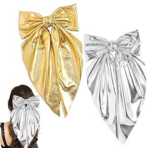 Large Gold & Silver Hair Bow Clips for Girls & Women, 2PCS Big Metallic Long Hair Bows with Clip, 11.4 x 5.5 in Statement Bow Hair Accessory for New Year Party Birthday Disco Graduation