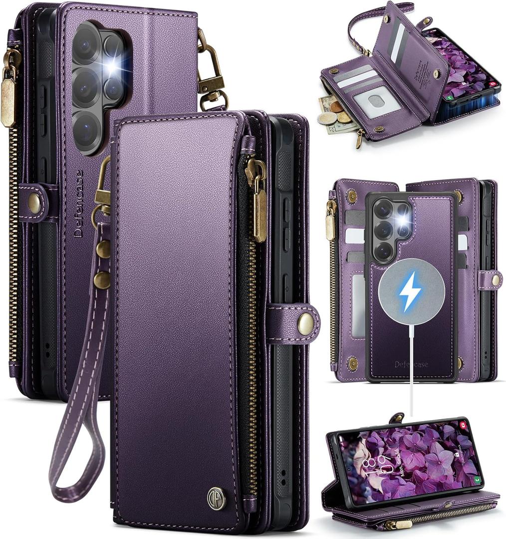 Defencase for Samsung Galaxy S26 Ultra Magnetic Wallet Case Compatible with Magsafe with RFID Blocking Zipper & Card Holder Women, PU Leather Detachable Phone Case for Galaxy S26 Ultra 6.9", Purple