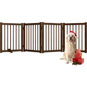Solid Wood Freestanding Pet Gate - 4 Panels 24" - Folding Safety Fence with 2 Support Feet - Ideal for Stairs, Doorways, Halls, Kitchens - Indoor Wooden Dog Gate - Walnut Color