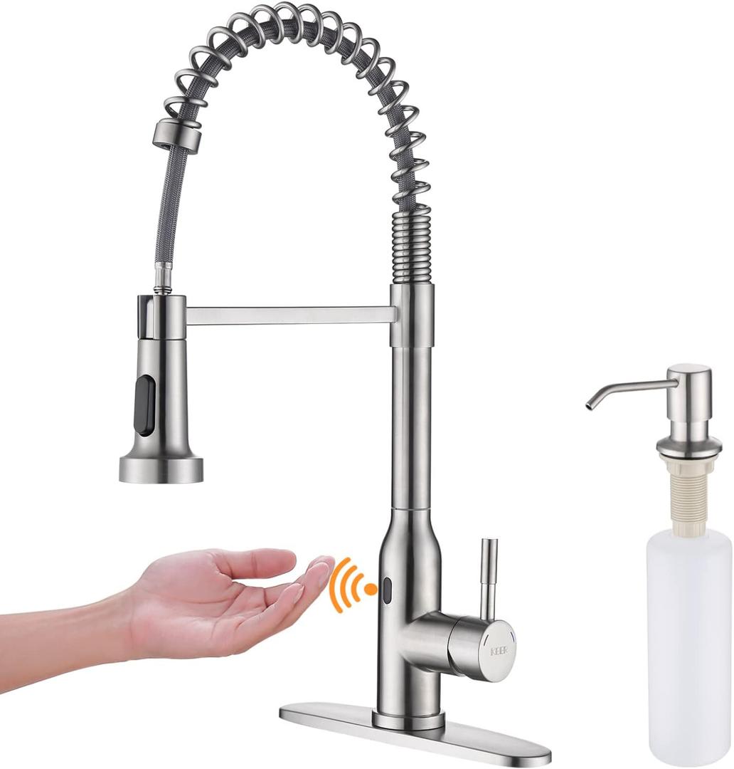 Touchless Kitchen Faucet, KEER Smart Motion Sensor Hands Free Single Handle Spring Kitchen Sink Faucet with Pull Down Sprayer, Brushed Nickel