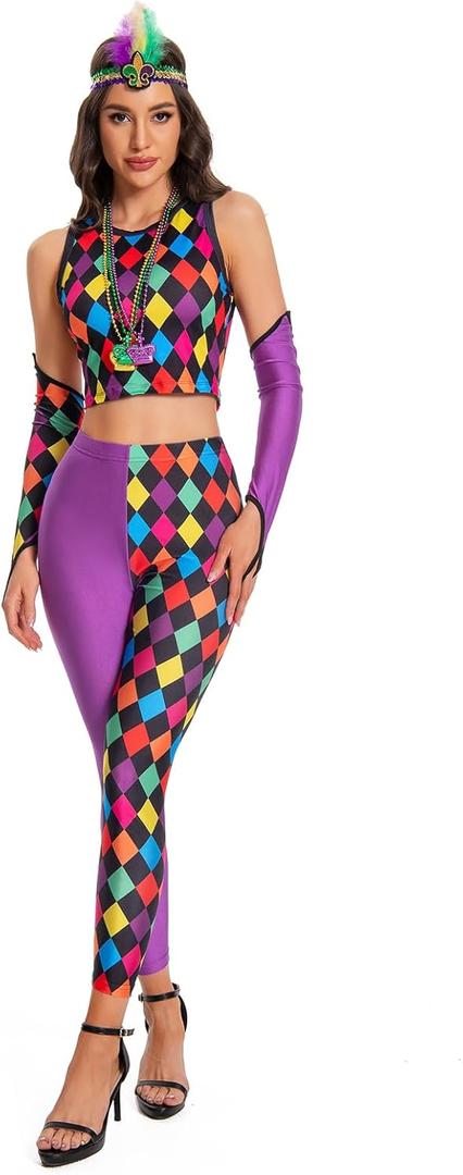 color cosplayer Mardi Gras Costume Outfit for Women Plus Size Pants Mardi Gras Tights Costume (L)