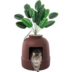 Lifewit Litter Box with Faux Plant & Scoop for Large Cat, Hidden Corner Enclosure Litter Tray with Odor Control & Carbon Filter in Living Room/Bedroom/Bathroom, Brown
