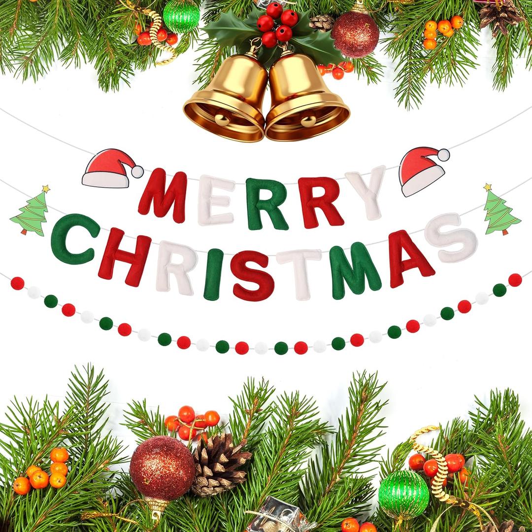 3PCS Pre-Strung 3D Felt Merry Christmas Banner - Red Green White Reusable Merry Christmas Decorative Sign, Red Green White Felt Ball Garland, Pom Pom Wreath, Personalized Holiday Sign, Photo Prop