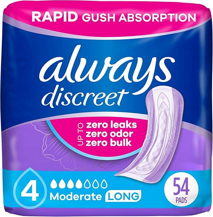 Always Discreet Adult Incontinence Pads for Women, Moderate Absorbency, Long Length, Postpartum Pads, 54 Count