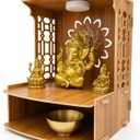 Wooden Pooja Mandir for Home with Doors - Temple Cabinet with LED Light and Storage Shelf for Hindu Worship, Living Room, Bedroom, Office
