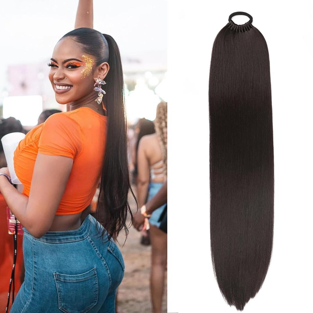 Ponytail Hair Extension For Women,Long Braided Ponytail With Hair Tie,Straight Wrap Around Braided Hair Extension,Synthetic Hair Ponytail Extension 22inch(Black Brown)