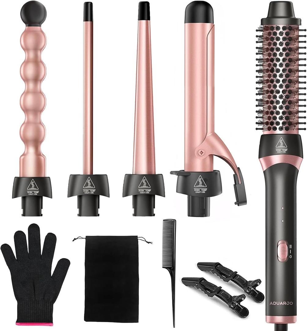 5 in 1 Curling Wand Set, Multi Curling Iron Wand with Thermal Brush and 4 Interchangeable Ceramic Curling Wand for Women in All Hair Type,Dual Voltage Hair Curler