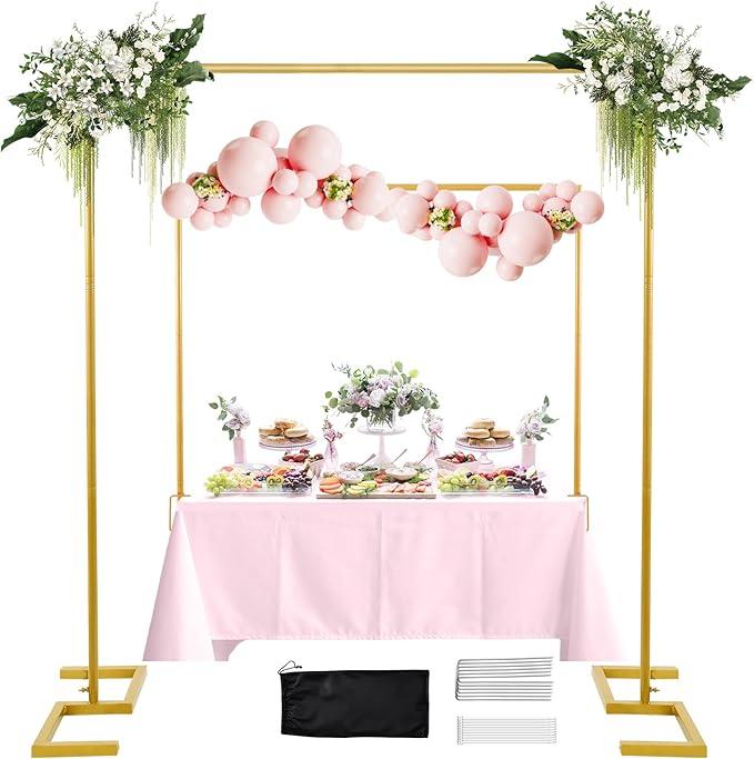 WellSign 8.2FT Square Arch Backdrop Stand,Metal Gold Backdrop Stand Heavy Duty Adjustable,Extra 2 Clamps Change Over The Table Rod Stand,Wedding Balloon Arch Stand for Valentine Parties Decoration