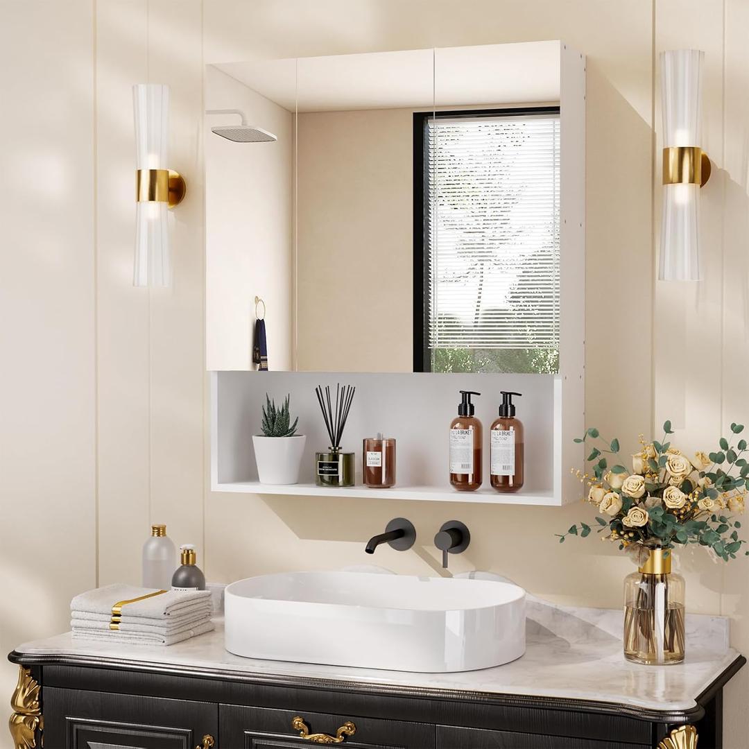 Medicine Cabinet with Mirror - 27.6" x 23.6" Bathroom Medicine Cabinets, White Medicine Cabinet, Modern Vanity Mirror with Storage for Bathroom, Bedroom, Living Room and Laundry Room