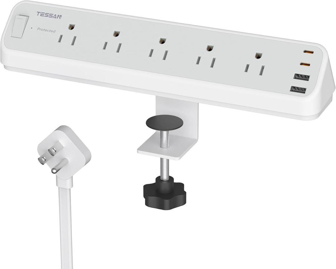 TESSAN Desk Clamp Power Strip 6 Ft, 2100J Surge Protector Desk Charging Station, 5 Outlets with 4 USB Ports (2 USB C), Flat Plug Extension Cord with Multiple Outlets for Home Office Dorm Room, Grey