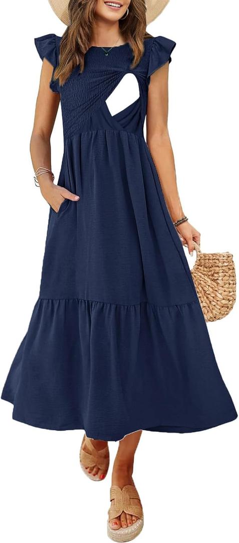 CzzzyL Women's Nursing Dress Flutter Short Sleeve Crew Neck Smocked Elastic Waist Tiered Midi with Pockets, Size: X-Large