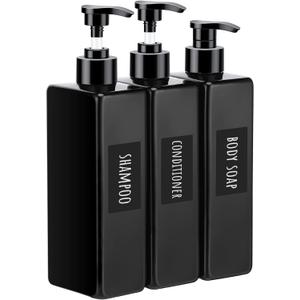 Segbeauty Shower Refillable Dispenser, 3pcs 16.9oz 500ml Pump Press Bottles with Labels, Empty Reusable Plastic Soap Dispenser Bathroom Shower Containers for Body Wash Shampoo Conditioner Lotion Black (Black-self-labeling)