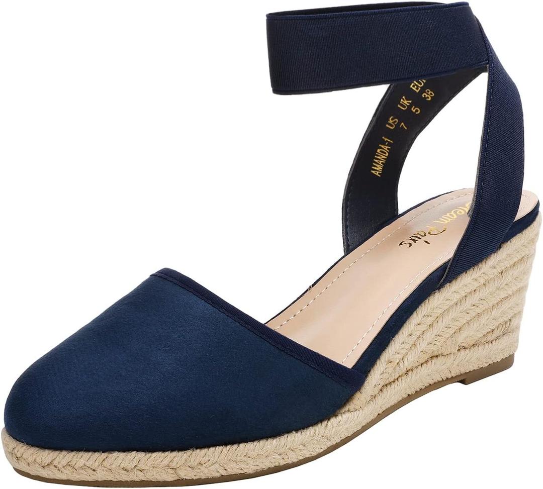 DREAM PAIRS Women's Elastic Ankle Strap Espadrilles Wedge Sandals (7, Navy)
