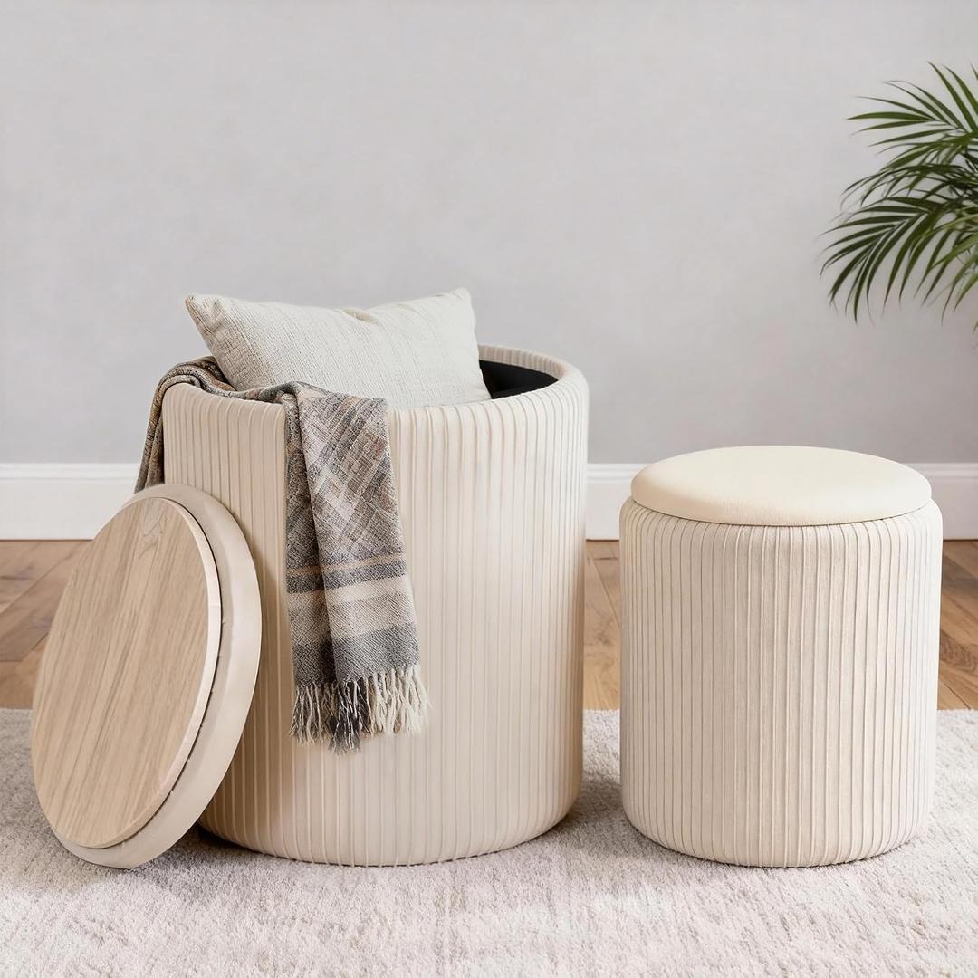 CAROLMADE Set of 2 Round Ottoman with Storage, Upholstered Vanity Stool Support 330lbs Multifunctional Coffee Table Ottoman Velvet Foot Rest Stool or Living Room Bedroom Dorm (Beige)