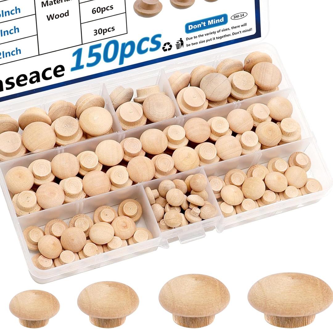 smseace 150Pcs 4-Sizes Button Wood Plugs 3/16" 5/16"3/8"1/2" Wooden Hole Plugs for Holes in Furniture/Table and Chair Legs/Cabinet Reserved Holes/Outdoor Equipment Wood Plugs Assortment Kit