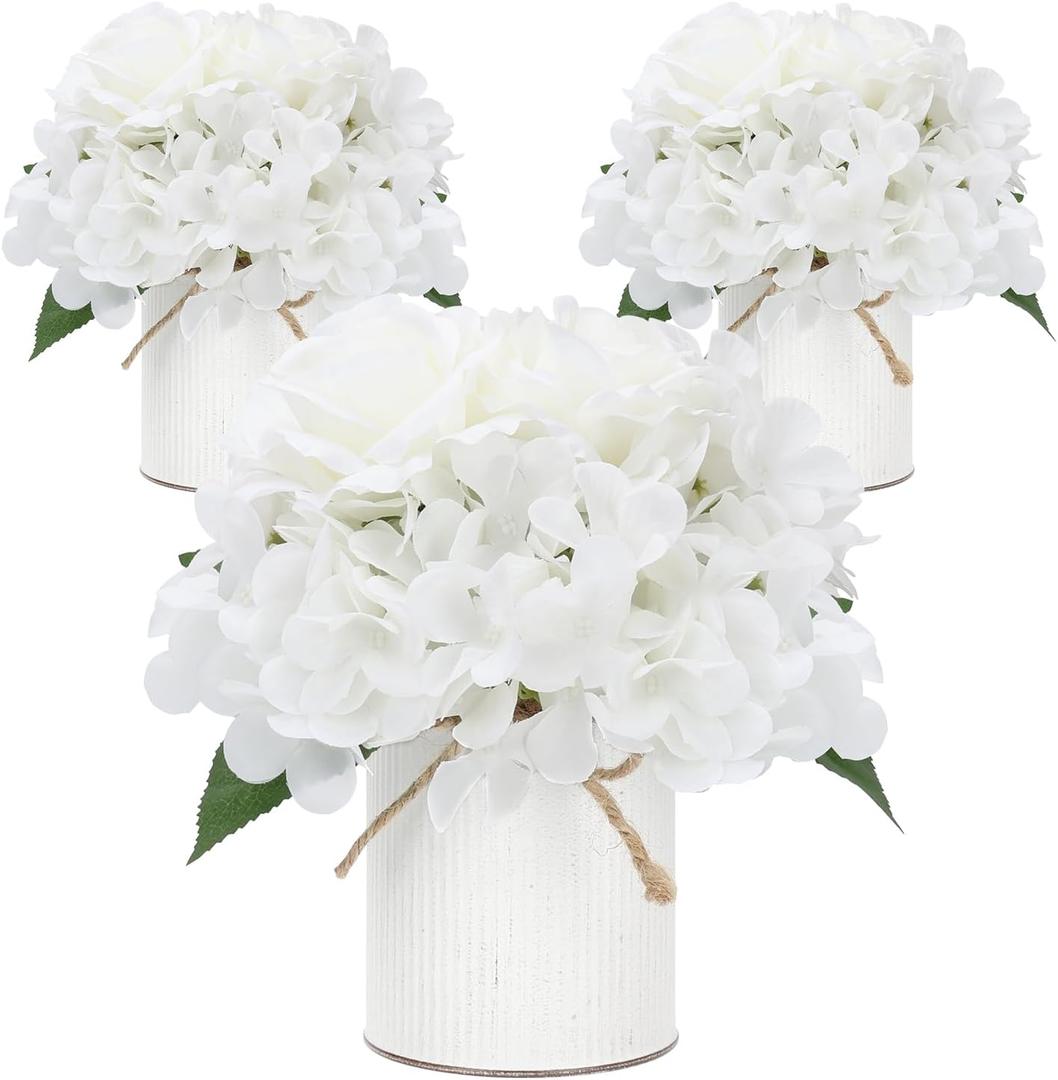 Flower Table Centerpieces - Artificial Wedding Hydrangeas Floral Arrangement with Rustic Metal Vase for Bridal Tea Party Event Decorations (White, Set of 3 Floral Arrangement)