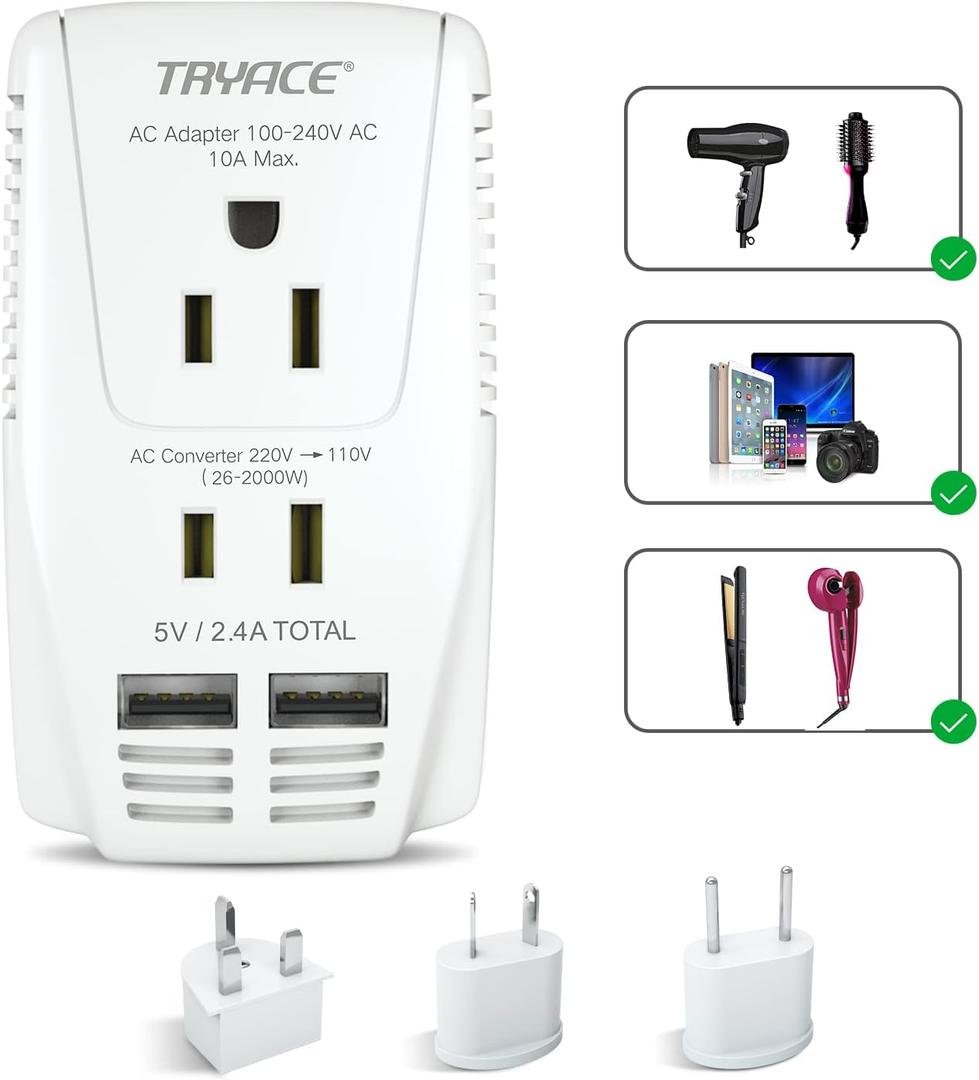 2000W Travel Voltage Converter Step Down 220v to 110v Power Converter for Hair Dryer Straightener Curling Iron, 10A Power Adapter with 2 USB Charging EU/UK/AU/US Worldwide Plug for Laptop Phone (White)