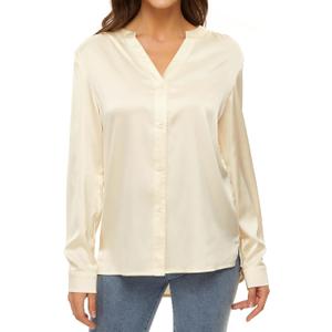 Women's Silk Blouse Long Sleeve Lady Shirt Casual Office Work Blouse Shirt Tops (3X-Large, V Neck-champagne)