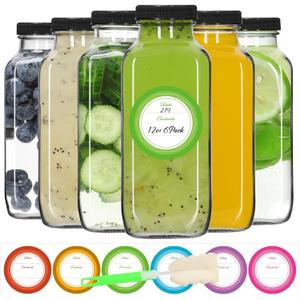 STARSIDE 12 oz Glass Juice Bottles with Lids 6 Pack - Square Reusable Drinking Jars for Juicing, Milk, Kombucha - Includes 1 Bottle Brush, 6 Colored Labels