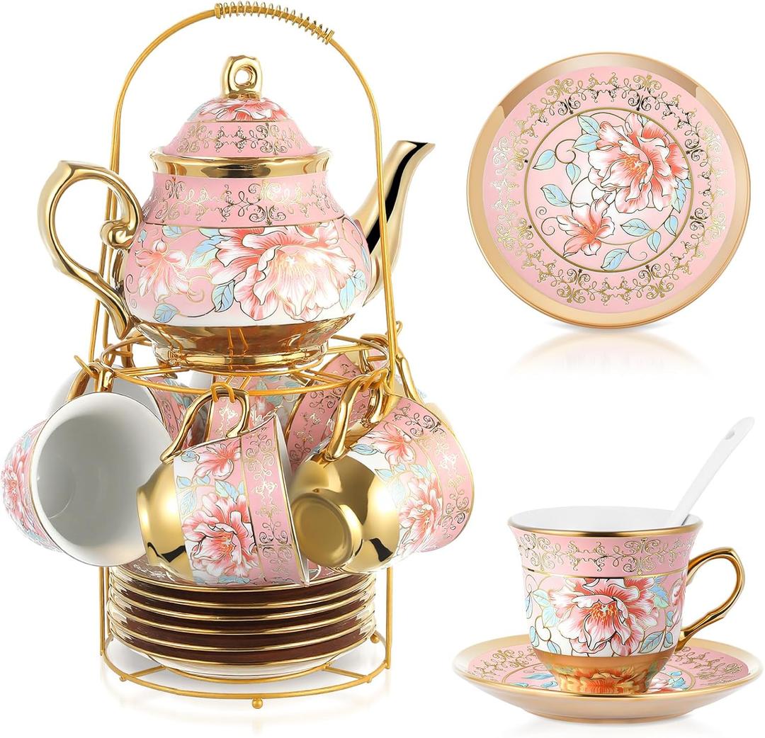 Zhehao Porcelain Tea Set with Metal Holder and Spoon Adult Ceramic Tea Set European Flower Painting Teapot Cup Saucer Spoon for Women Mom Gift, Large Version(Pink Style,20 Pcs)