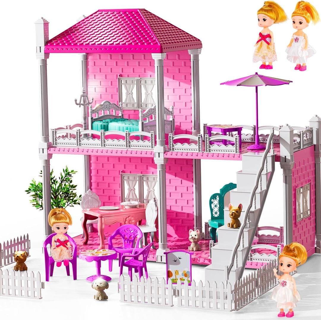 Villa Playset for Girls Ages 3-7, Indoor Playset Girls Toys with 2 Storeys 3 Rooms 2 Dolls for Ages 6-8, Furniture and Accessories, Pretend Toddler Toy, Birthday Gifts for Kids 3 4 5 6 7 8