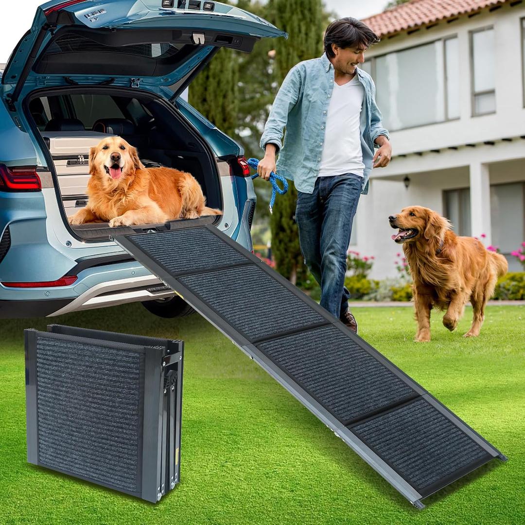 PawStep 63 Foldable Aluminum Dog Ramp for Cars/SUV/Trucks  Non-Slip Surface, 250 lbs Capacity, Lightweight & Portable Four-Fold Design (Fits Pets