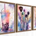 Framed Teen Girls Bedroom Wall Art Set of 3, Pink and Purple Splash Canvas Prints, Makeup Enthusiast Pictures Posters, Drinks Cosmetic Wall Decor for Teenage Girl Room Decor – 16x24 inch, 24L" x 16W"