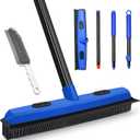 Rubber Broom Carpet Brush with Squeegee, Pet Hair Remover with 52.8 inches Long Handle, Detailing Lint Fur Removal Tool, Silicone Rug Rake for Cleaning Hardwood Floor, Tile, Window (Blue)