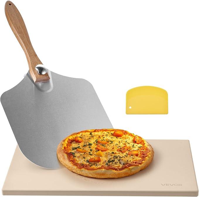 VEVOR Pizza Stone  in Rectangular Cordierite Pizza Stone, 1450℉ Heat-Resistant Cook Stone, Extra Large Baking-Stone with Metal Peel, Scraper, for Kitchen Bake Oven, BBQ Grill (585x400x85mm)