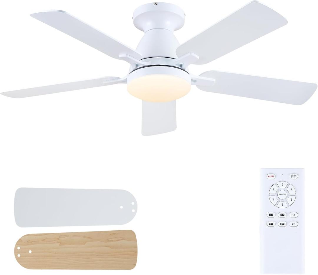 Ceiling Fans with Lights, 46'' Low Profile Ceiling Fan with Light and Remote, Modern Flush Mount Ceiling Fan for Bedroom Living Room Kitchen, LED Dimmable Reversible Quiet DC Motor, White 