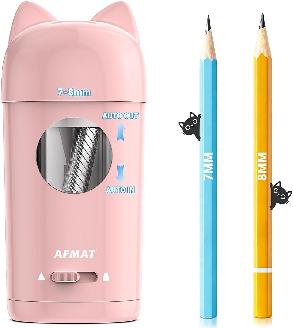 AFMAT Electric Pencil Sharpener, Pencil Sharpener for Classroom, Auto in & Out, Fully Automatic for 7-8mm Pencils, Rechargeable & Cordless, Kids Pencil Sharpeners for Classroom Home School PSX9 (Pink)