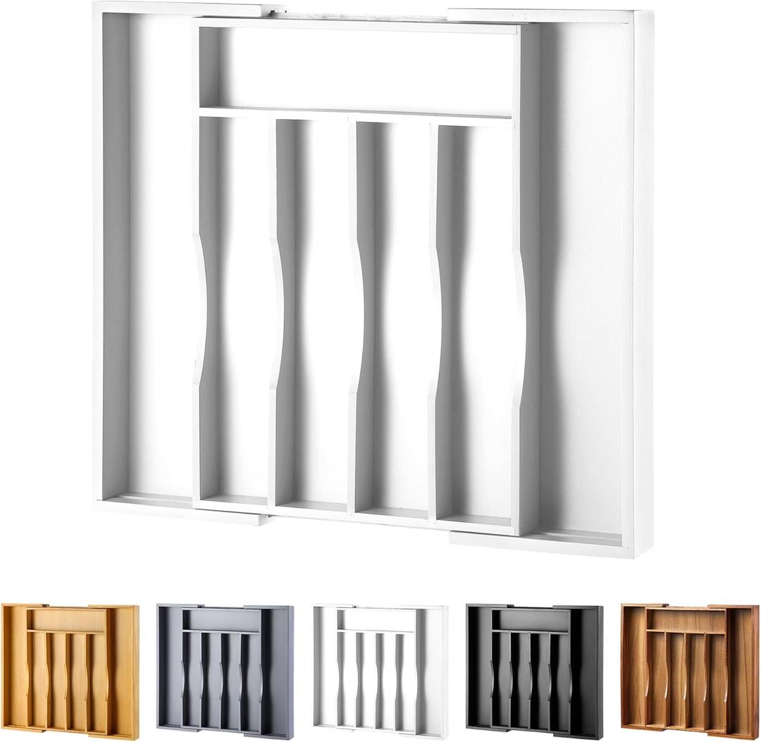 Expandable Bamboo Kitchen Drawer Organizer for Cutlery and Utensils, Adjustable Bamboo Wood Cutlery Tray in Drawer for Flatware and Silverware in Kitchen, (White) (7 Slots Expandable)