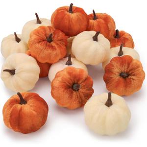 Folmywy 16 Pcs Faux Velvet Pumpkins Small Artificial Fall Harvest Pumpkin Decoration Fake Foam Fabric Pumpkins for Thanksgiving Halloween Wreath Vase Filler Farmhouse Table Centerpieces Autumn Decor