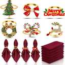 KPOSIYA 12PCS Christmas Napkin Rings Set of 6 and 6pcs Red Napkins Cloth, Metal Xmas Napkin Ring Holders for Winter Christmas Holiday Dinner Party Table Decoration
