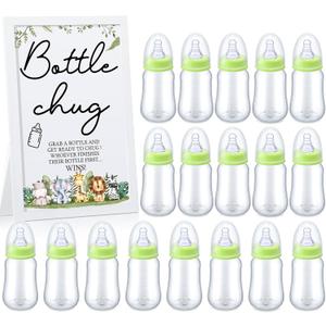 Roowest Bottle Chug Baby Shower Game Favors Including Safari Animals Theme Wooden Sign and 18 Pcs Baby Bottles for Gender Reveal Party Supplies (Green)