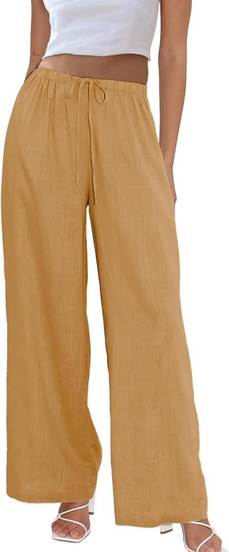 Duyang Womens Cotton Linen Palazzo Pants Drawstring Elastic Waist Casual Wide Leg Trousers with Pockets (Gamboge, XS)