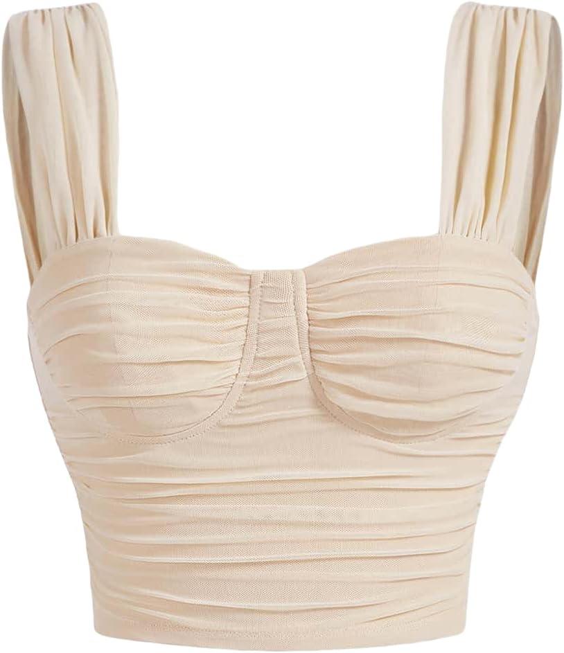 MakeMeChic Women's Bustier Corset Sleeveless Ruched Crop Y2k Tank Tops (Large, Apricot)