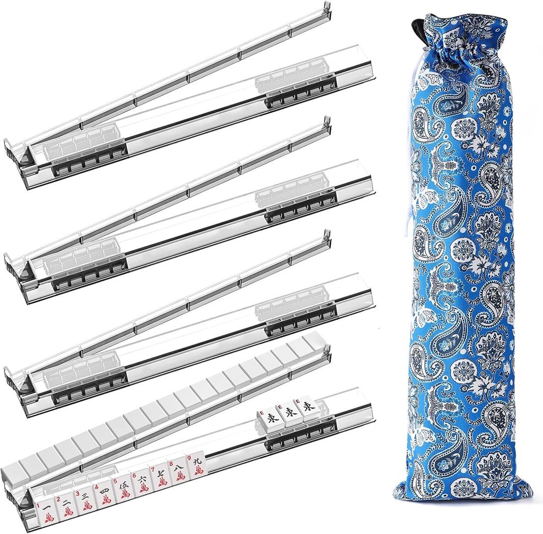 Non-Slip Mahjong Racks with Rotating Pushers & Double-Layer Nylon Bag, 4-Pack Clear Acrylic Mah Jongg Rack, Complete American Mahjong Accessories for Travel & Game Night (Transparent), 17.8 X 3.2 Inches