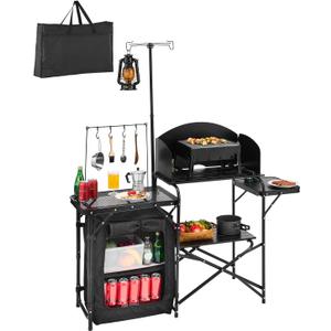 VEVOR Camping Kitchen Table, Outdoor Camp Cooking Table, Aluminum Portable Cook Station with Storage Cupboard, Carrying Bag, Detachable Windscreen, Quick Set-up for BBQ Party Picnic RV Travel, Black