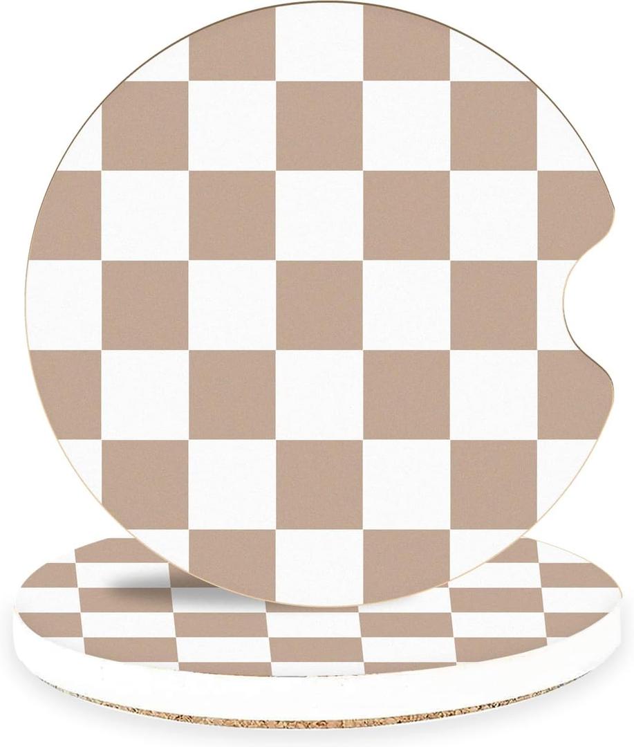 Brown Checkerboard Ceramic Car Coasters  Absorbent Car Cup Holder Coaster Set for Aesthetic Car Interior, Retro Neutral Car Accessories, 2 Pack