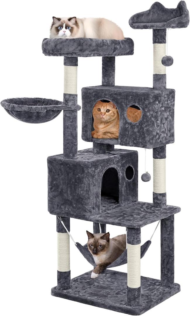 Yaheetech 64.5in Extra Large Multi-Level Cat Tree Kittens Play House Condo with Platform, Perch Hammock & Scratching Posts, Dark Gray