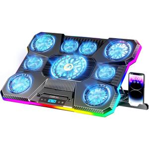 ChillCore Laptop Cooling Pad, RGB Lights Laptop Cooler 9 Fans for 15.6-19.3 Inch Laptops, Gaming Laptop Fan Cooling Pad with 8 Height Stands, 2 USB Ports - A21 Blue