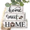 Yousoontic 5 Pcs Farmhouse Wooden Table Decor Rustic Tiered Tray Decor Neutral Block Sign Centerpiece with Bead Garland Faux Eucalyptus Leaves for Home Sweet Kitchen Entryway Living Room Shelves