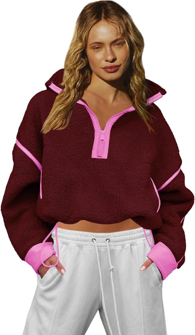 LAMISSCHE Half Zip Sweatshirt Women Oversized Sherpa Jacket V Neck Fleece Pullover Hoodie with Pockets (Small, Burgundy)