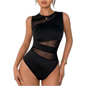 Milumia Women's Cut Out Sheer Mesh Bodysuit Top See Through Sleeveless Body Suits Going Out (Large, Black)