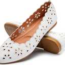 FRACORA Women's Ballet Flats Black PU Leather Dress Shoes Comfortable Round Toe Slip on Flats with Breathable Eyelets (10, White)