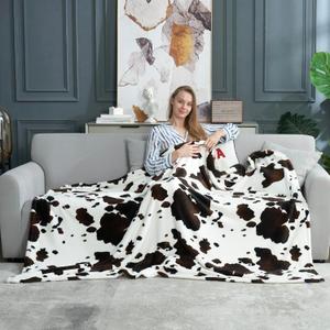 Cozy Bliss Cow Print Throw Blanket Non Shedding MilkyPlush Fleece 330GSM Thick Blankets Western Room Decor Super Soft Warm for Adults Kids Girl Gifts Bedroom Couch Sofa Travel Black Brown 40"x50"