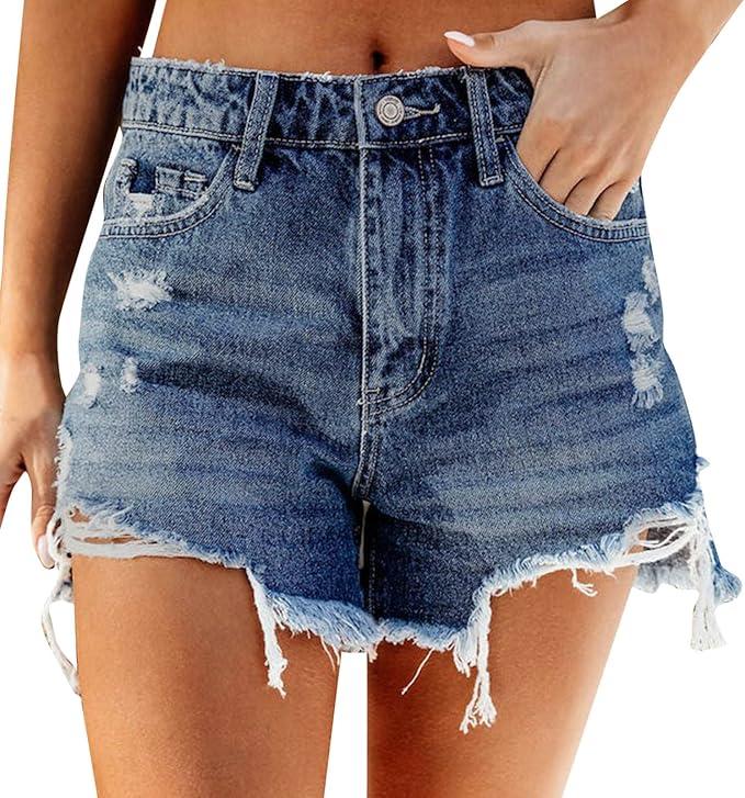 Briskorry Jeans Shorts Women's Ripped Shorts Summer Destroyed Jeans Shorts High Waist Sexy Denim Shorts Frayed Hem Hot Pants Woman Beach Shorts with Pockets, L