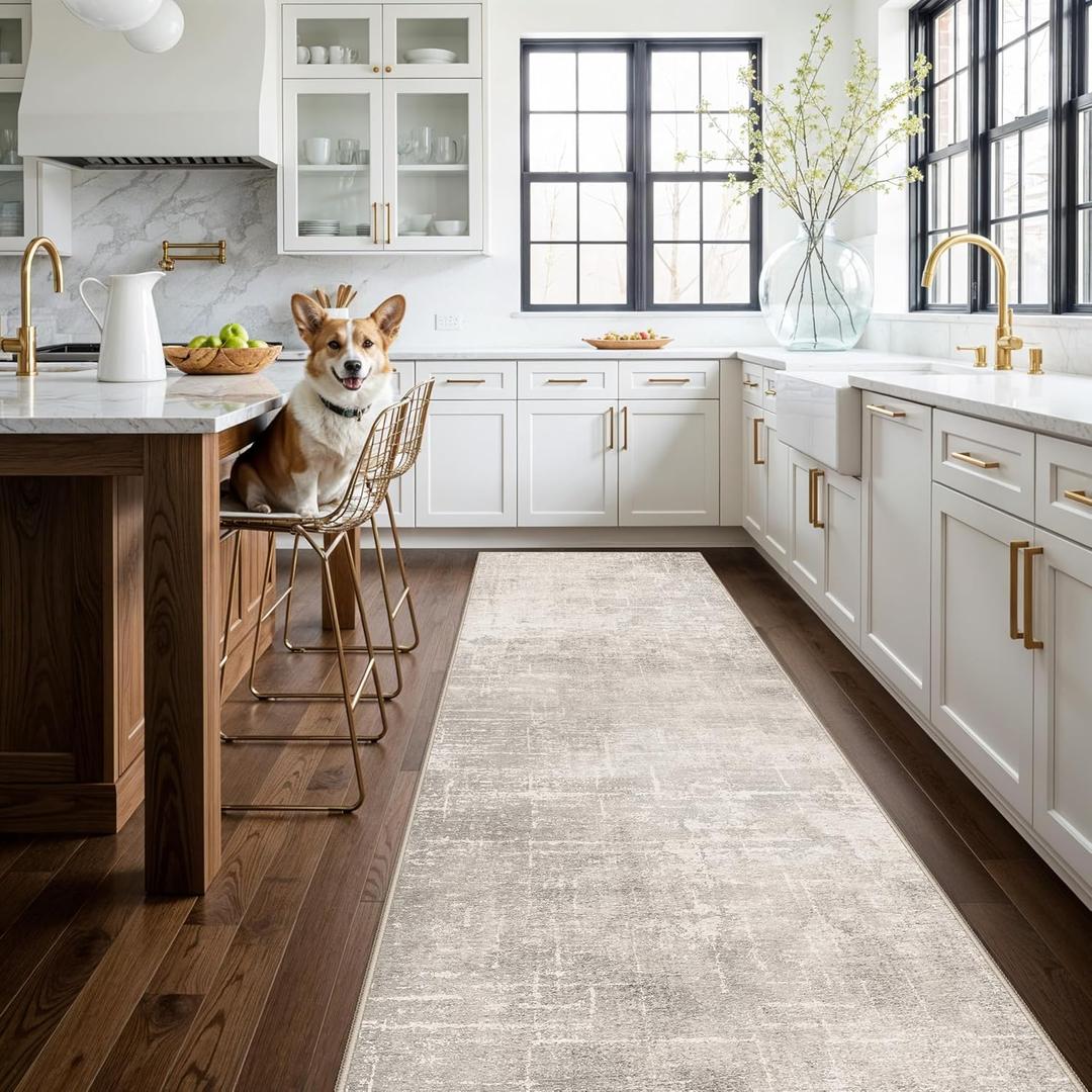 HAOYUNLAI 3x12 Hallways Runner Rugs: Soft Kitchen Rug Non-Slip Floor Mat with Rubber Backing Washable Non Shedding Soft Beside Carpet for Bedroom Abstract Home Decor Rug Runner(3x12,Beige/Cream
